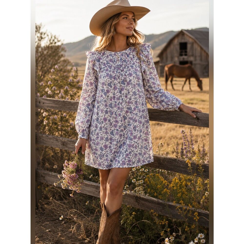Modcloth Floral Prairie Doll Mini Dress Ruffle Shoulder Purple Blue M NWT